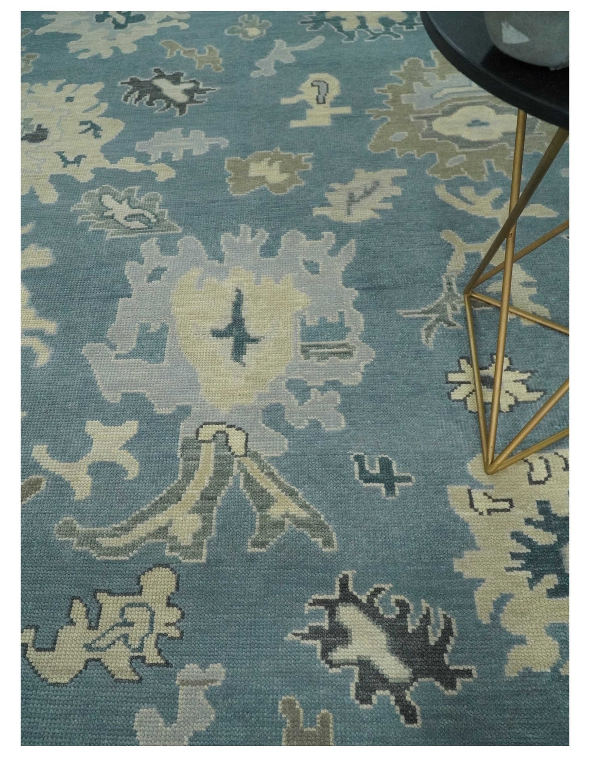 Antique Charcoal and Beige Hand Knotted Traditional Oushak Wool Area Rug