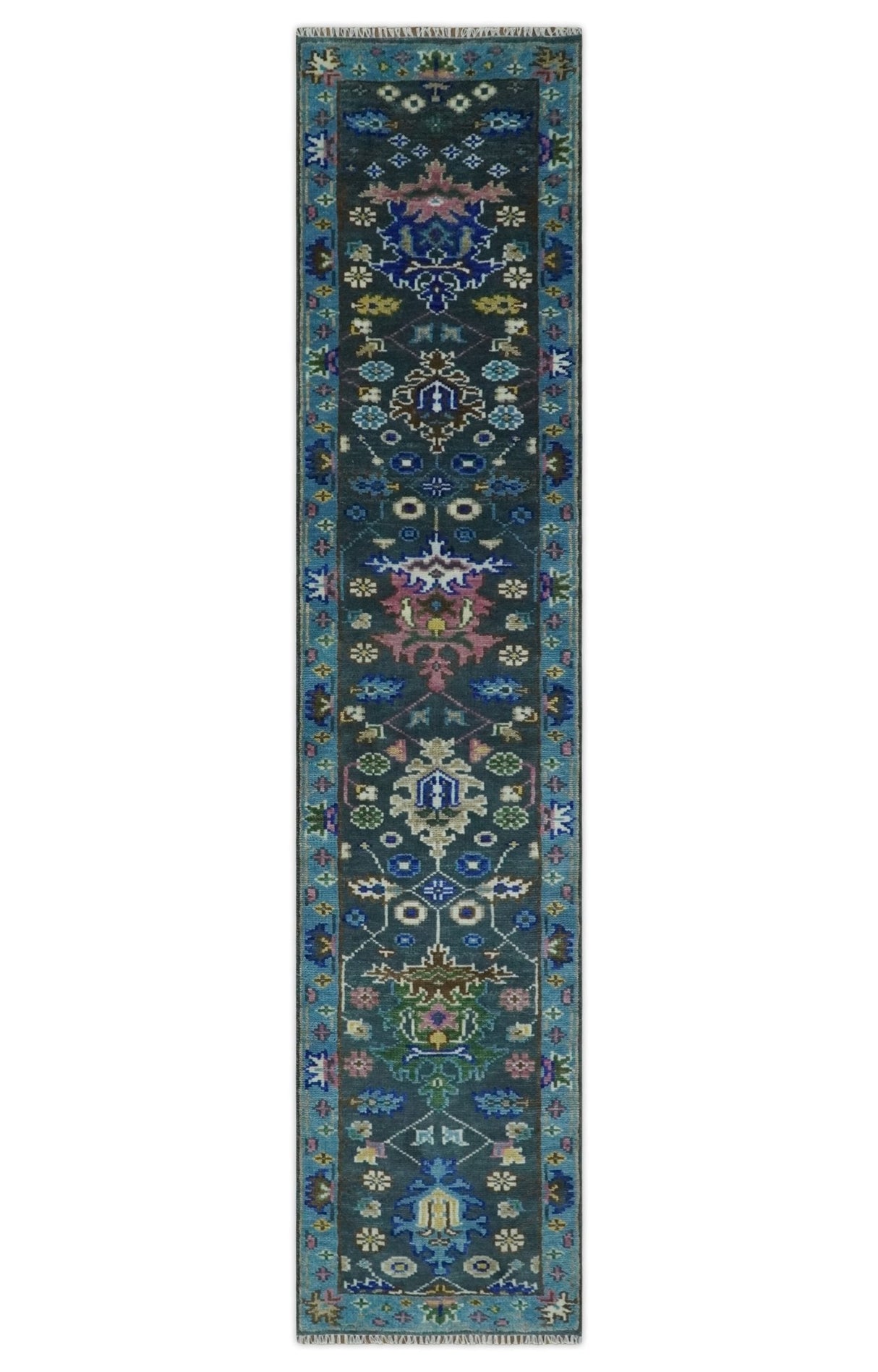 Antique Design Hand Knotted Charcoal, Green Moss and Blue Oushak Custom Made Rug