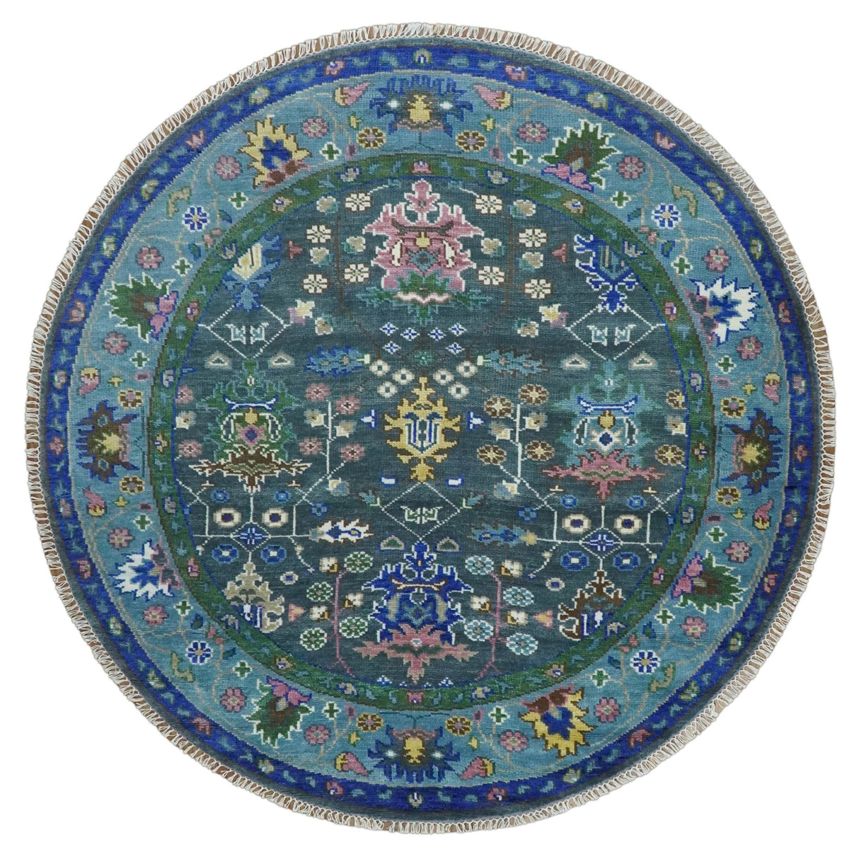 Antique Design Hand Knotted Charcoal, Green Moss and Blue Oushak Custom Made Rug