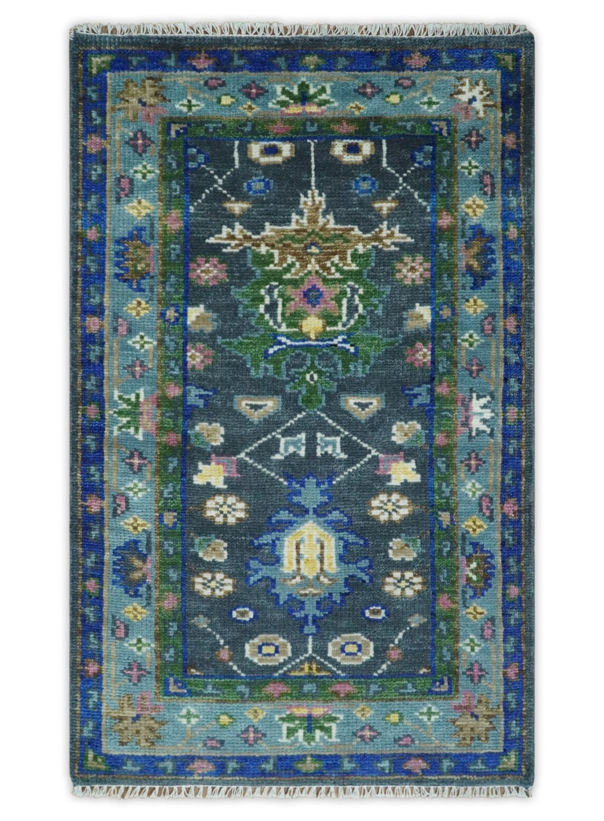 Antique Design Hand Knotted Charcoal, Green Moss and Blue Oushak Custom Made Rug