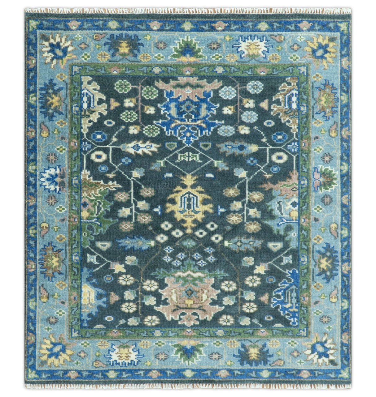 Antique Design Hand Knotted Charcoal, Green Moss and Blue Oushak Custom Made Rug
