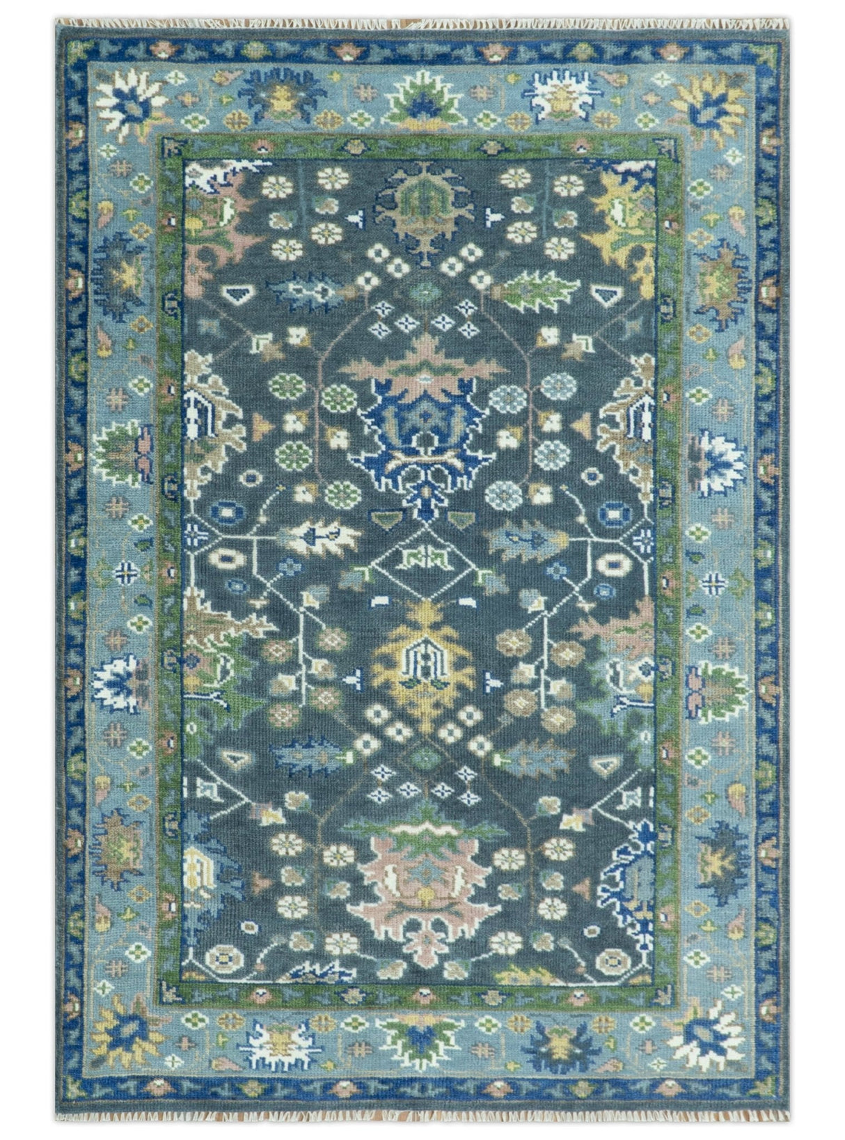 Antique Design Hand Knotted Charcoal, Green Moss and Blue Oushak Custom Made Rug