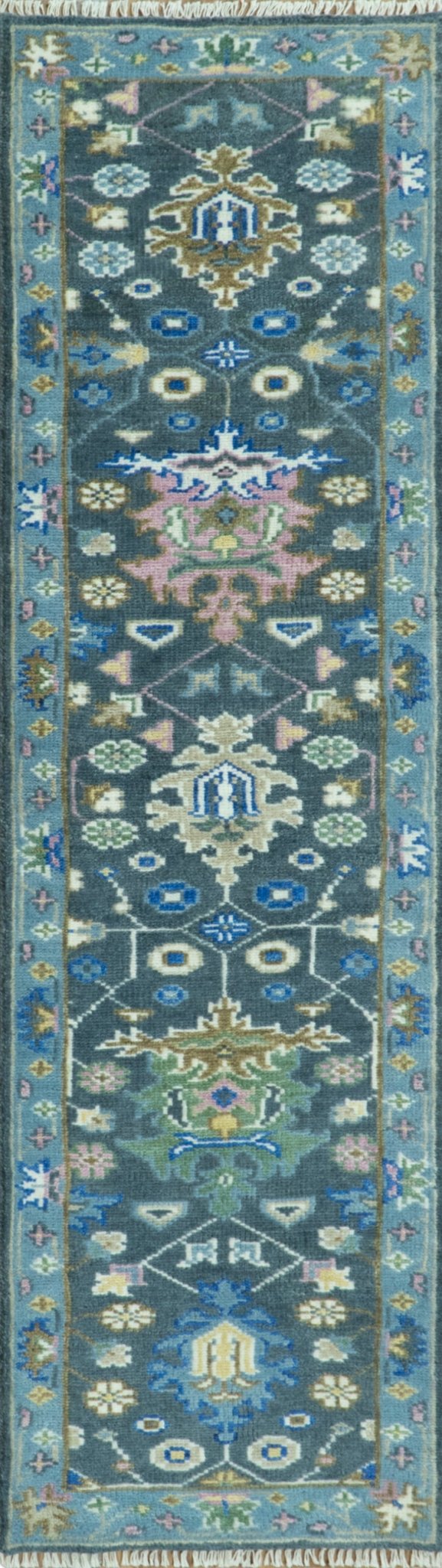 Antique Design Hand Knotted Charcoal, Green Moss and Blue Oushak Custom Made Rug