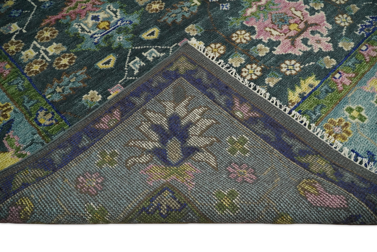 Antique Design Hand Knotted Charcoal, Green Moss and Blue Oushak Custom Made Rug