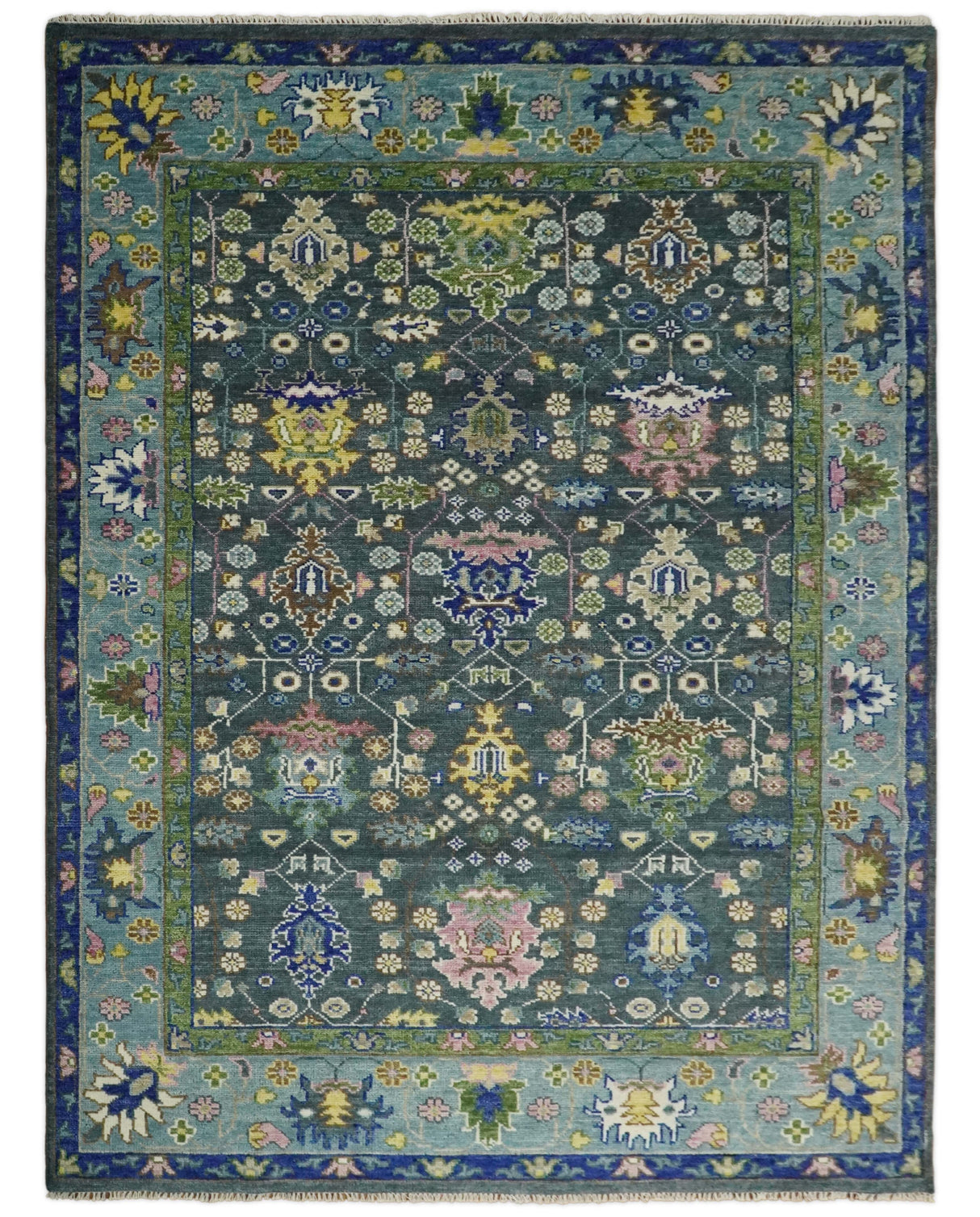 Antique Design Hand Knotted Charcoal, Green Moss and Blue Oushak Custom Made Rug