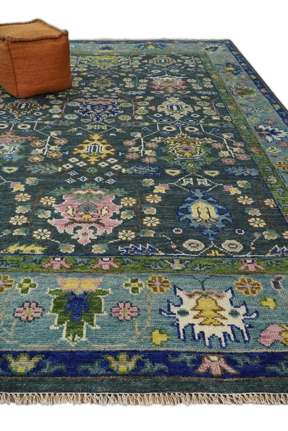 Antique Design Hand Knotted Charcoal, Green Moss and Blue Oushak Custom Made Rug