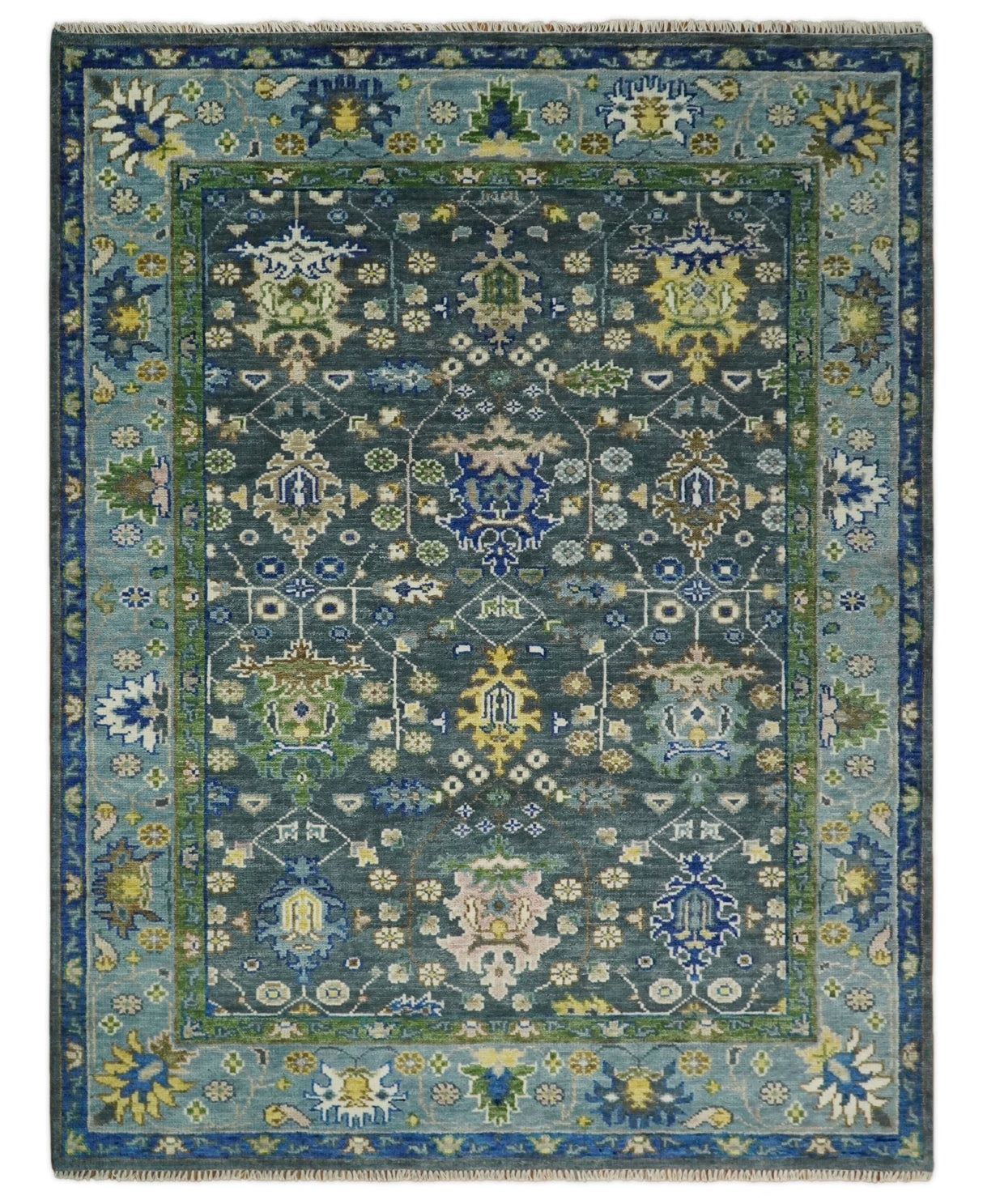 Antique Design Hand Knotted Charcoal, Green Moss and Blue Oushak Custom Made Rug