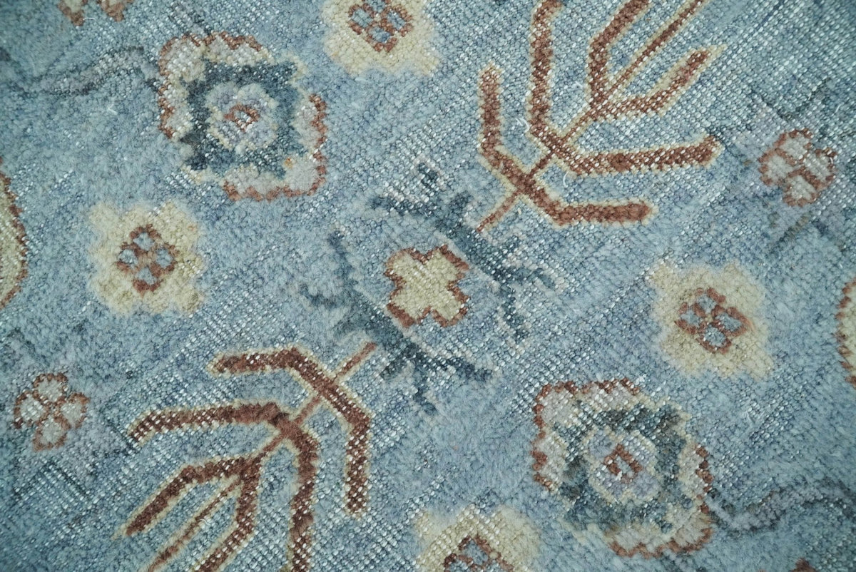 Antique Distressed finished Aqua, Beige and Brown Hand Knotted Low Pile Wool Area Rug