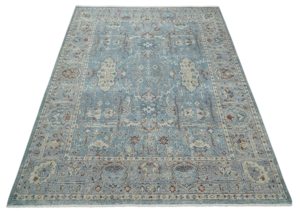 Antique Distressed finished Blue, Beige and Brown Hand Knotted Oxidized 8x10 wool Area Rug