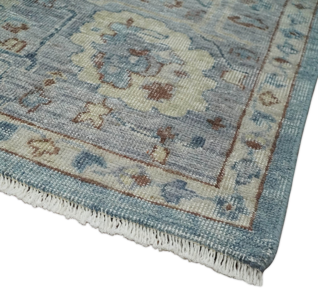 Antique Distressed finished Blue, Beige and Brown Hand Knotted Oxidized 8x10 wool Area Rug