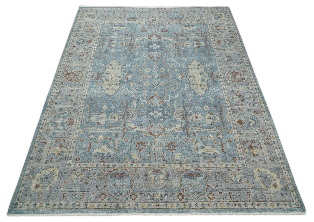 Antique Distressed finished Blue, Beige and Brown Hand Knotted Oxidized 8x10 wool Area Rug