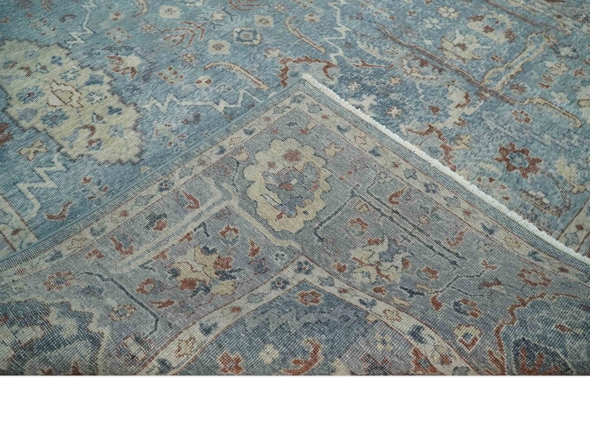 Antique Distressed finished Blue, Beige and Brown Hand Knotted Oxidized 8x10 wool Area Rug