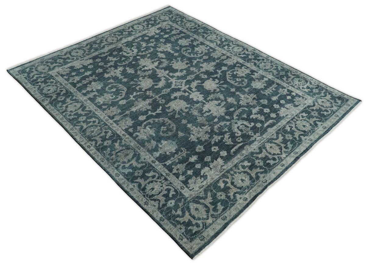Antique Floral Distressed finished Hand Knotted Dark Teal and Beige Custom Made wool Area Rug