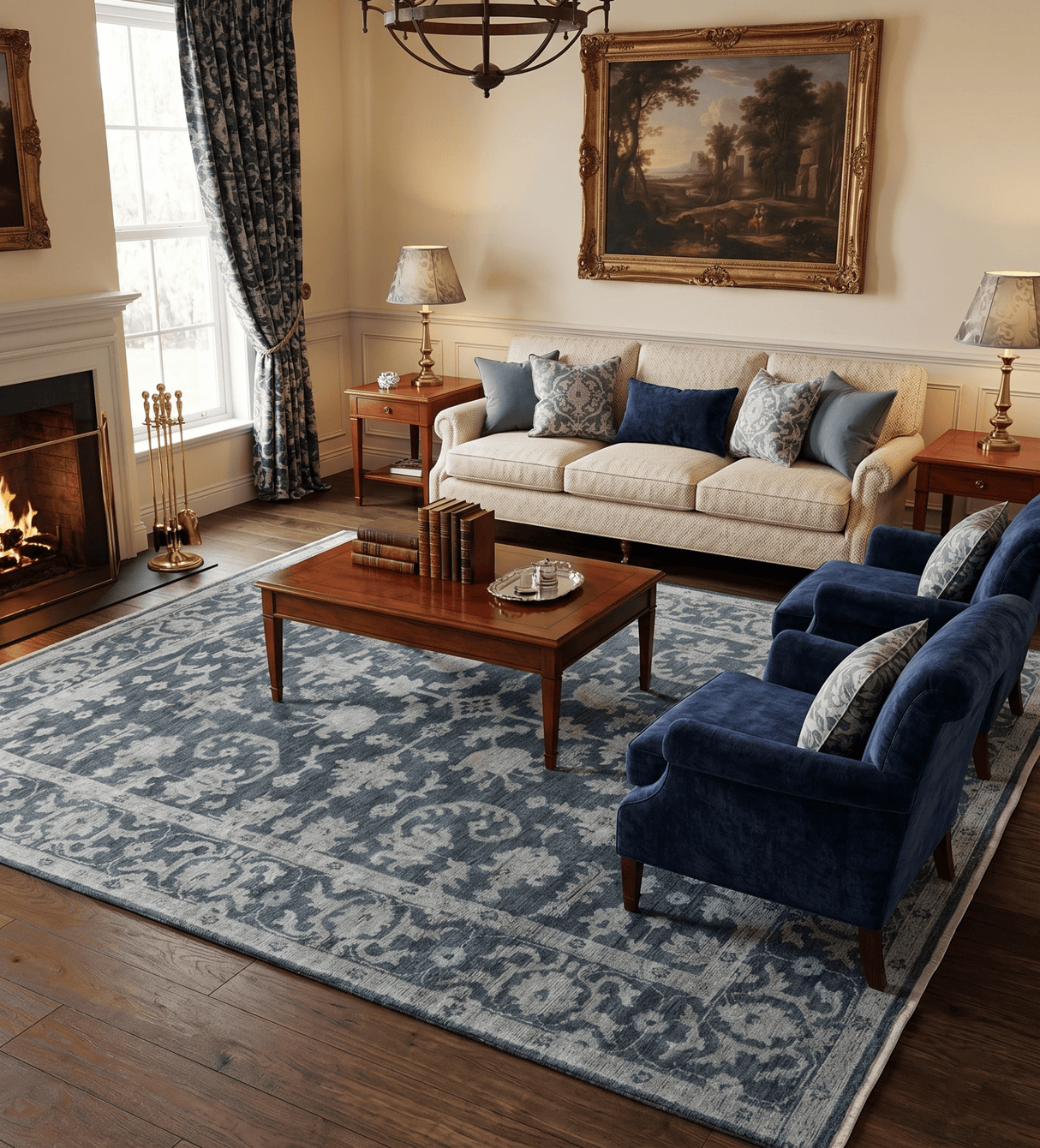Antique Floral Distressed finished Hand Knotted Dark Teal and Beige Custom Made wool Area Rug