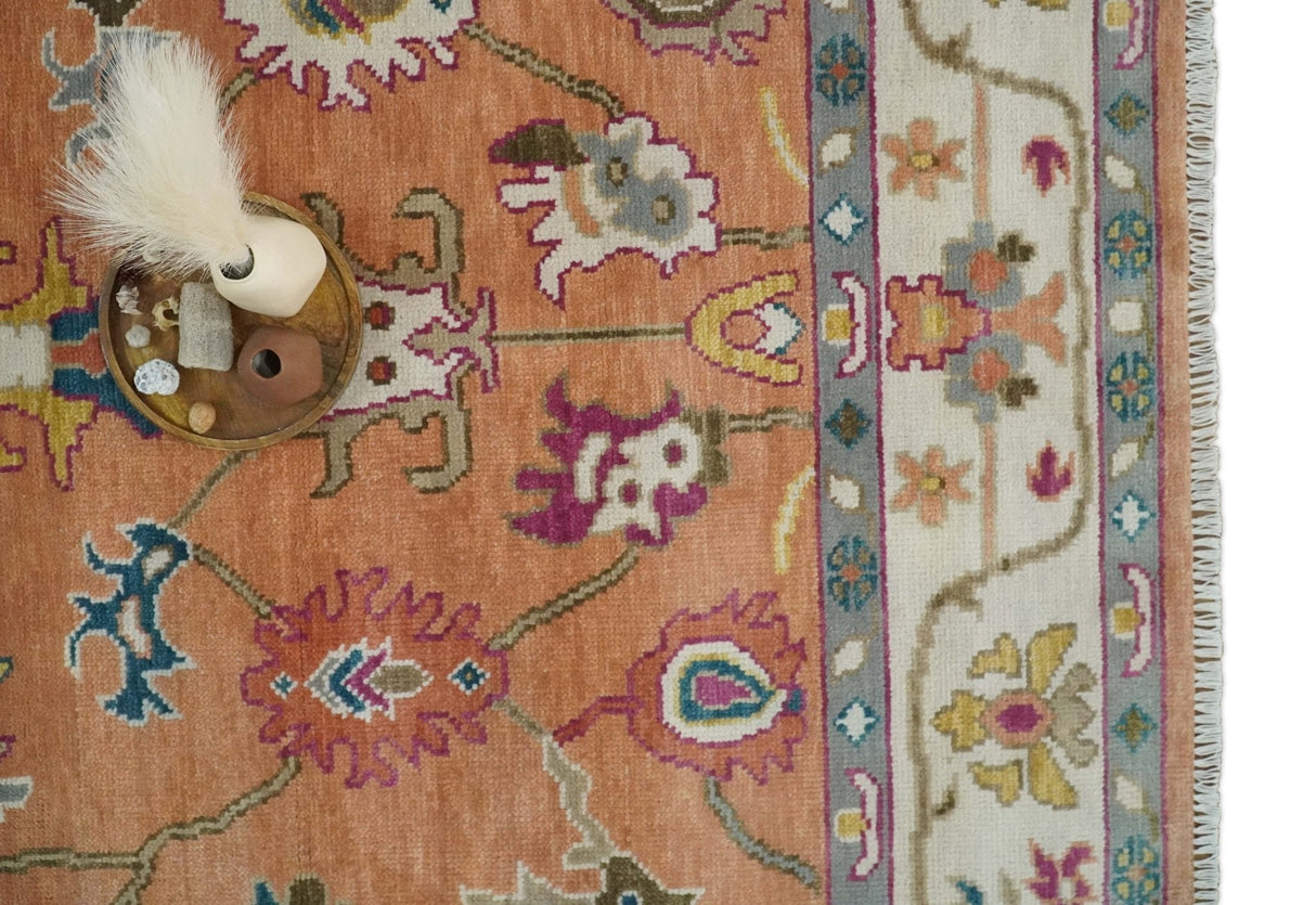 Antique Floral Peach and Ivory Hand knotted Traditional Oushak 8x10 wool Area Rug