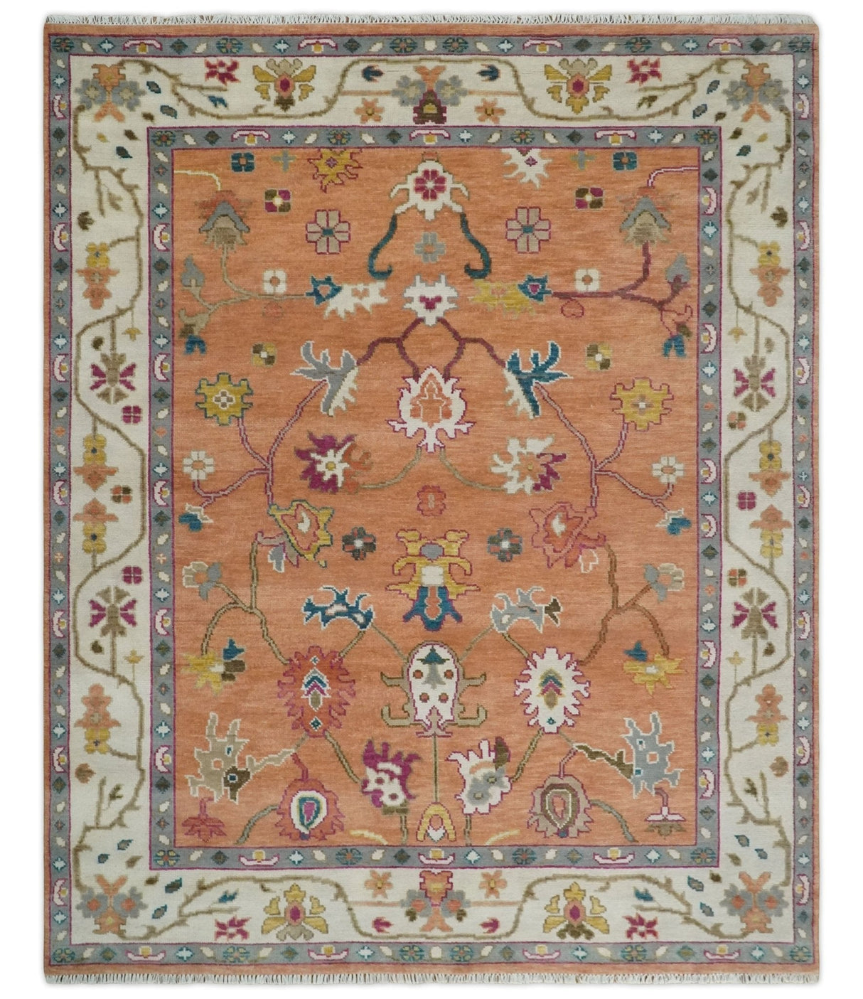 Antique Floral Peach and Ivory Hand knotted Traditional Oushak 8x10 wool Area Rug