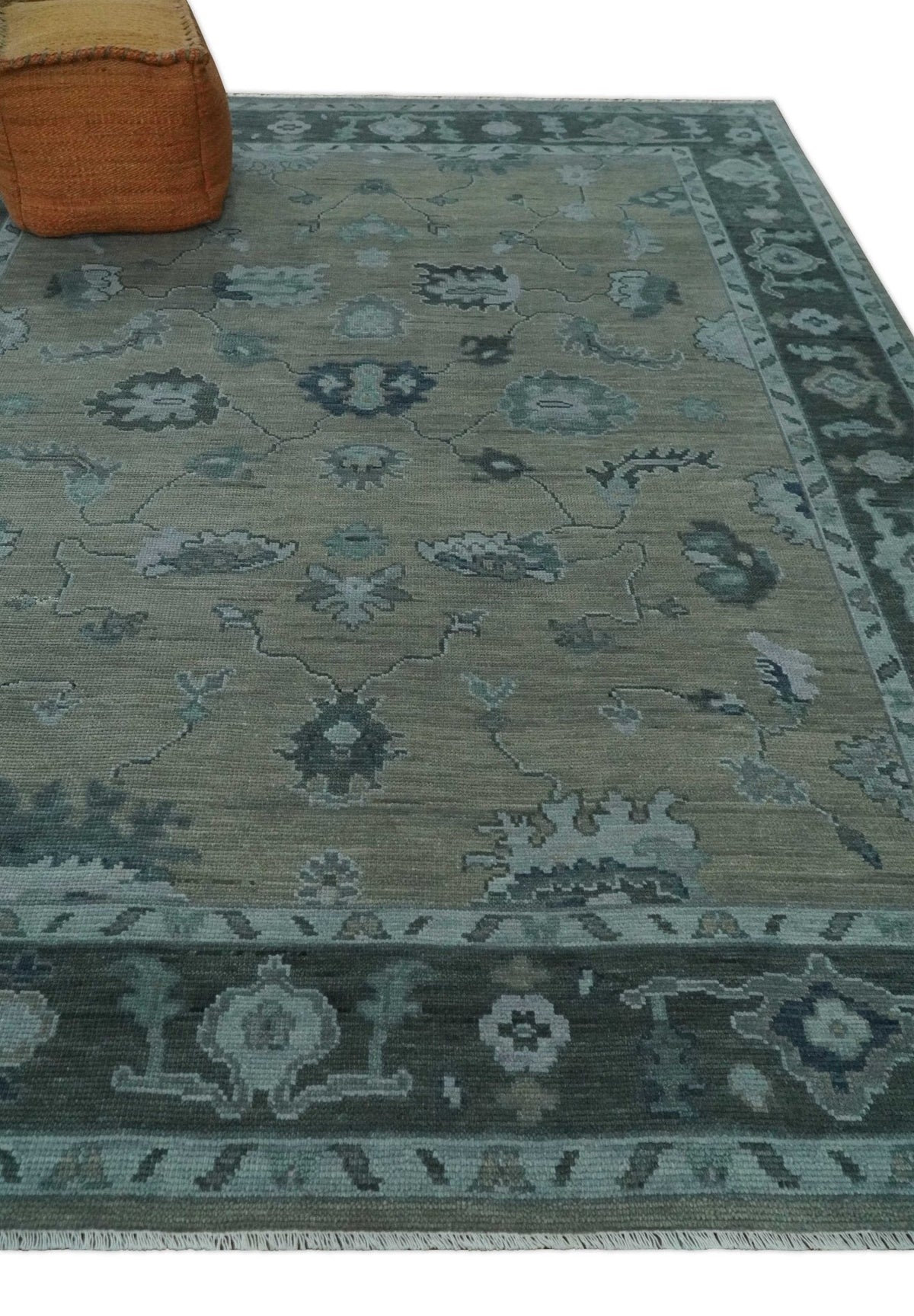 Antique Hand Knotted Beige, Charcoal and Silver Traditional Oushak wool Area Rug