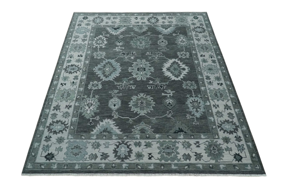 Antique Hand Knotted Charcoal and Silver Traditional Oushak Wool Area Rug