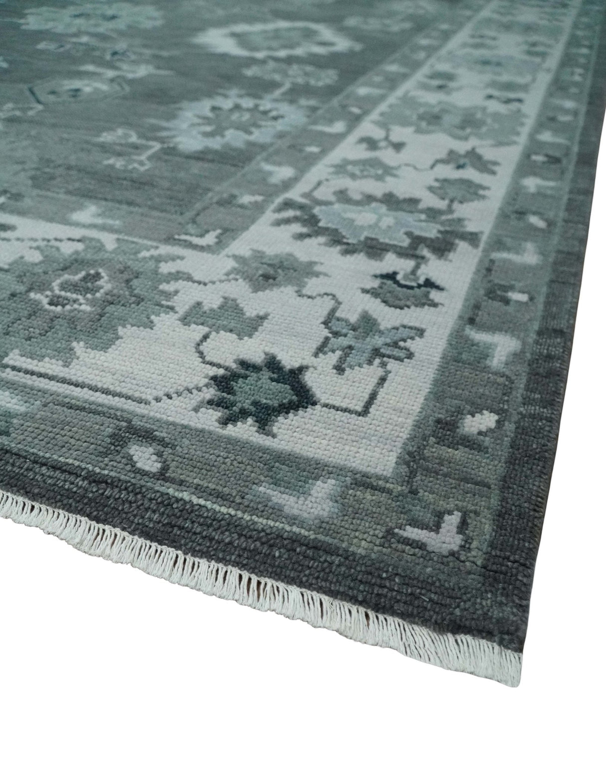 Antique Hand Knotted Charcoal and Silver Traditional Oushak Wool Area Rug