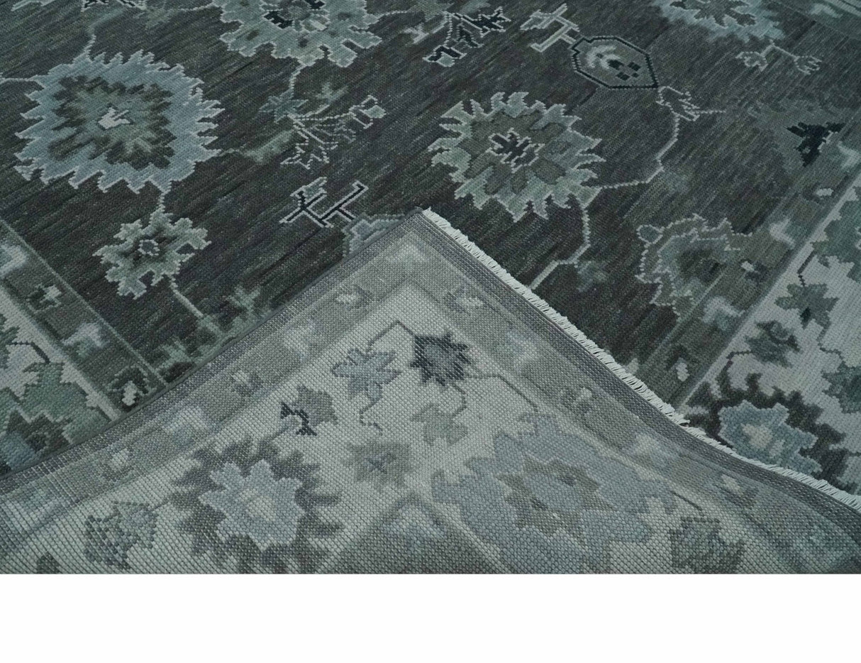 Antique Hand Knotted Charcoal and Silver Traditional Oushak Wool Area Rug