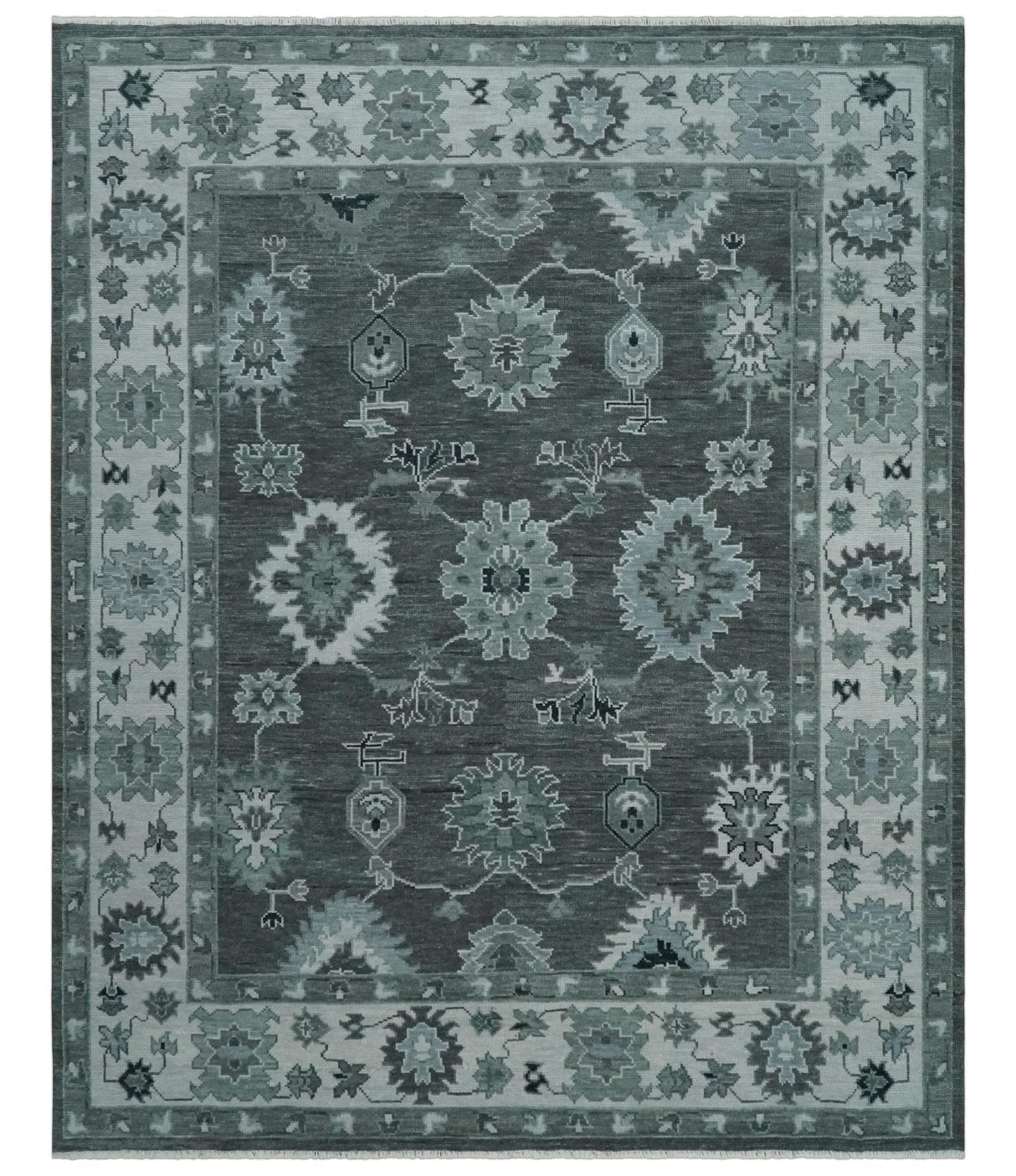 Antique Hand Knotted Charcoal and Silver Traditional Oushak Wool Area Rug