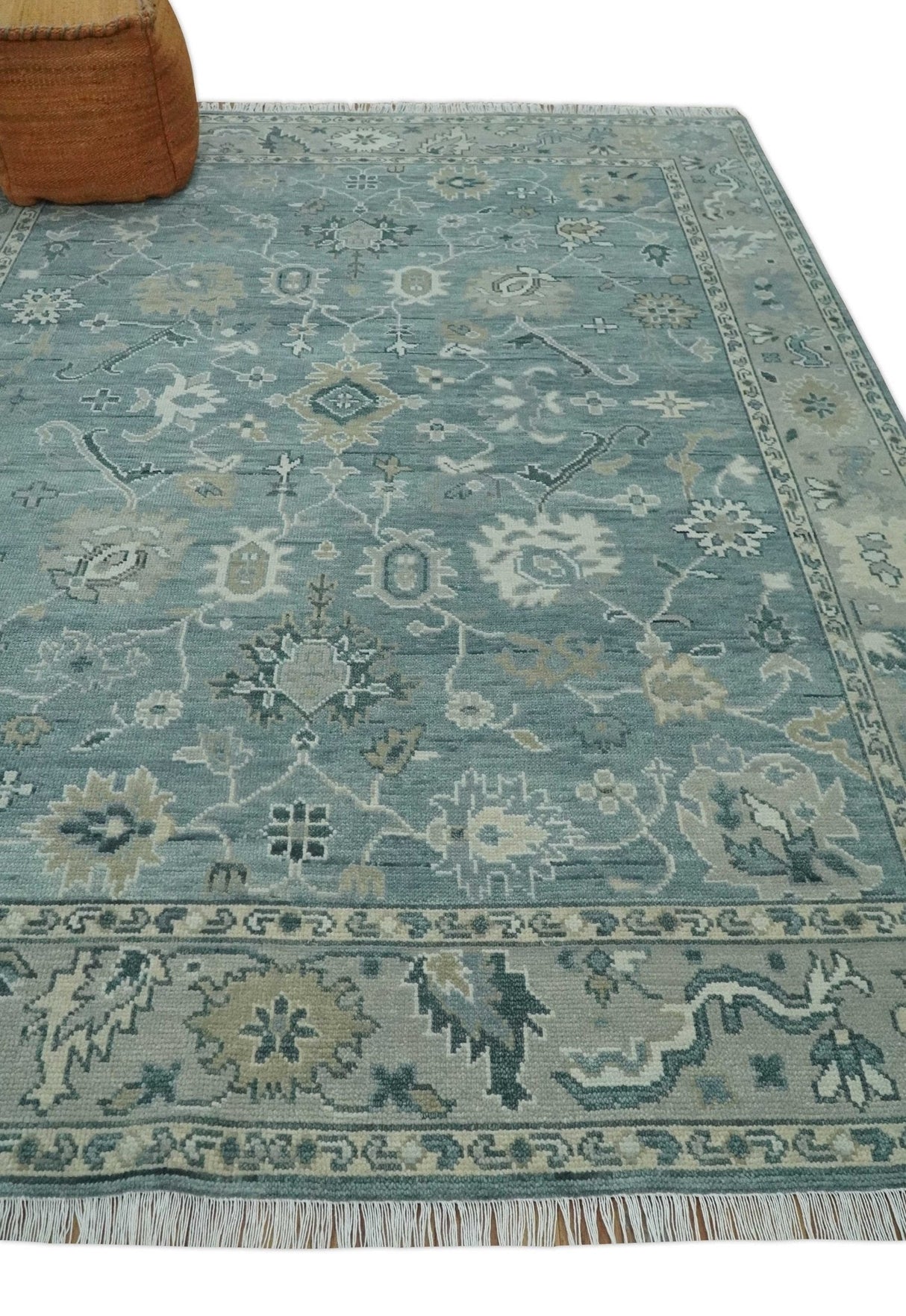 Antique Hand Knotted Gray and Beige Traditional Oushak Wool Area Rug