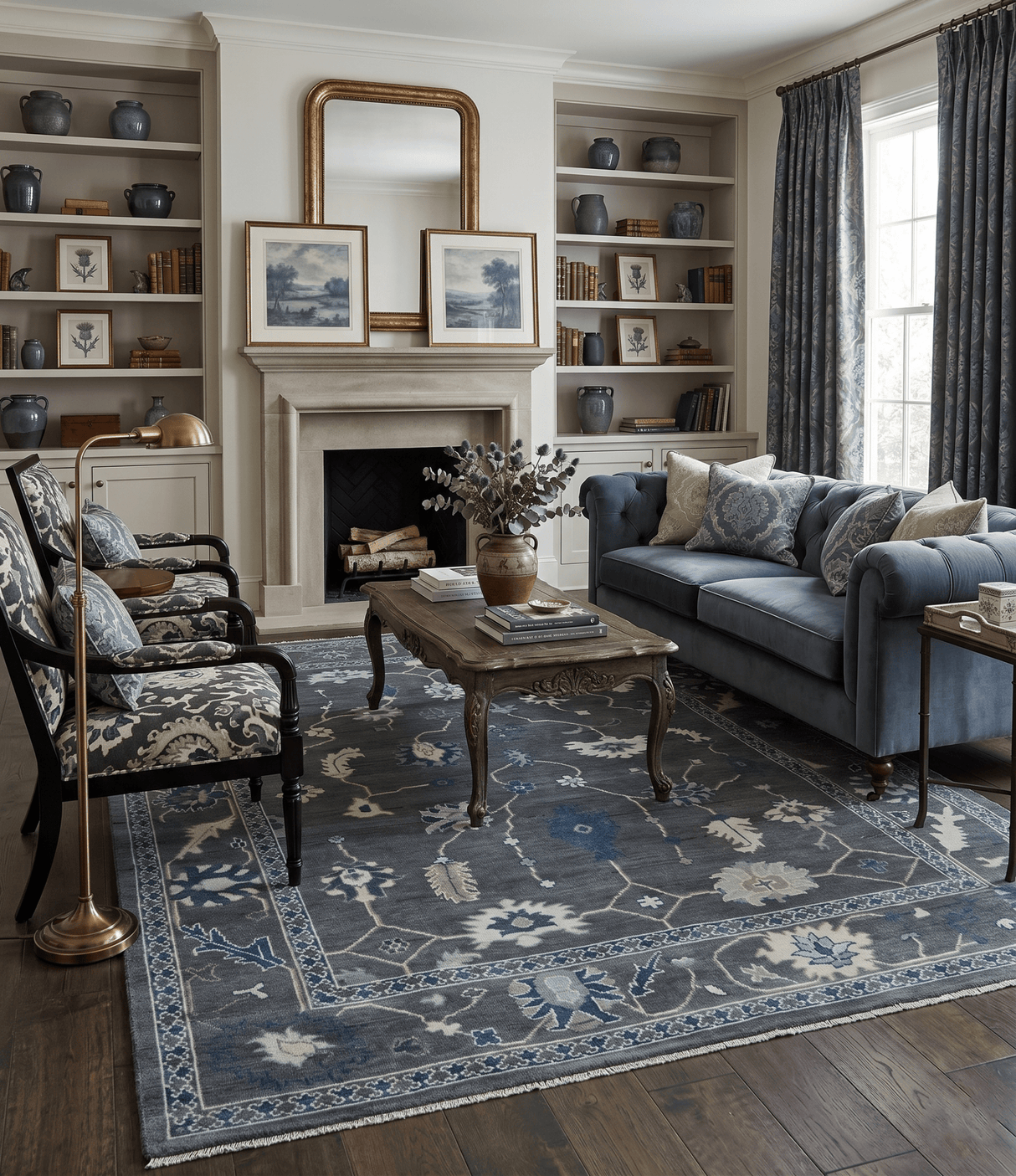Antique Hand Knotted Oushak Charcoal and Blue Traditional Area Rug