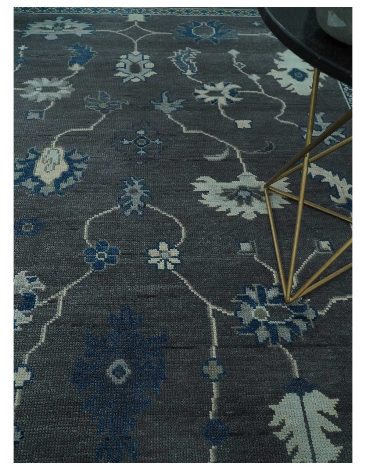 Antique Hand Knotted Oushak Charcoal and Blue Traditional Area Rug