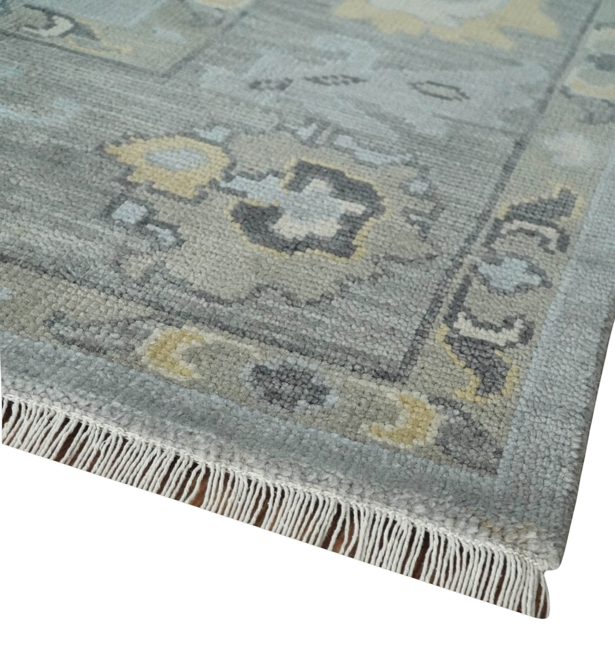 Antique Hand Knotted Silver and Charcoal Traditional Floral Oushak Wool Area Rug