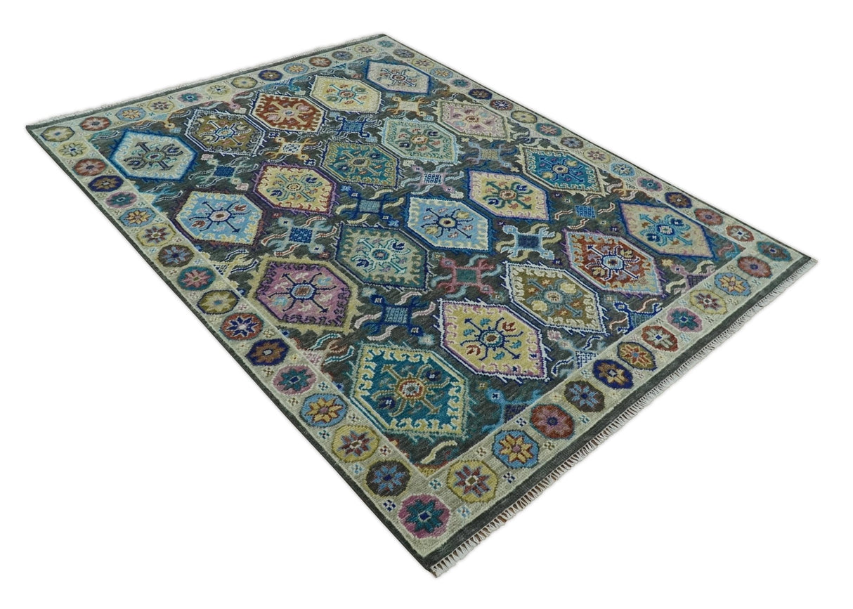 Antique look Charcoal And beige Hand knotted Custom Made wool Area Rug