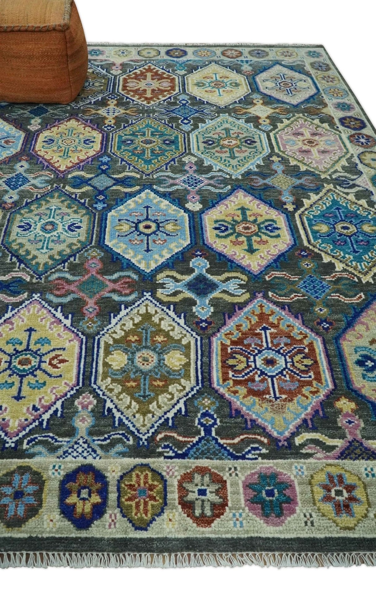 Antique look Charcoal And beige Hand knotted Custom Made wool Area Rug