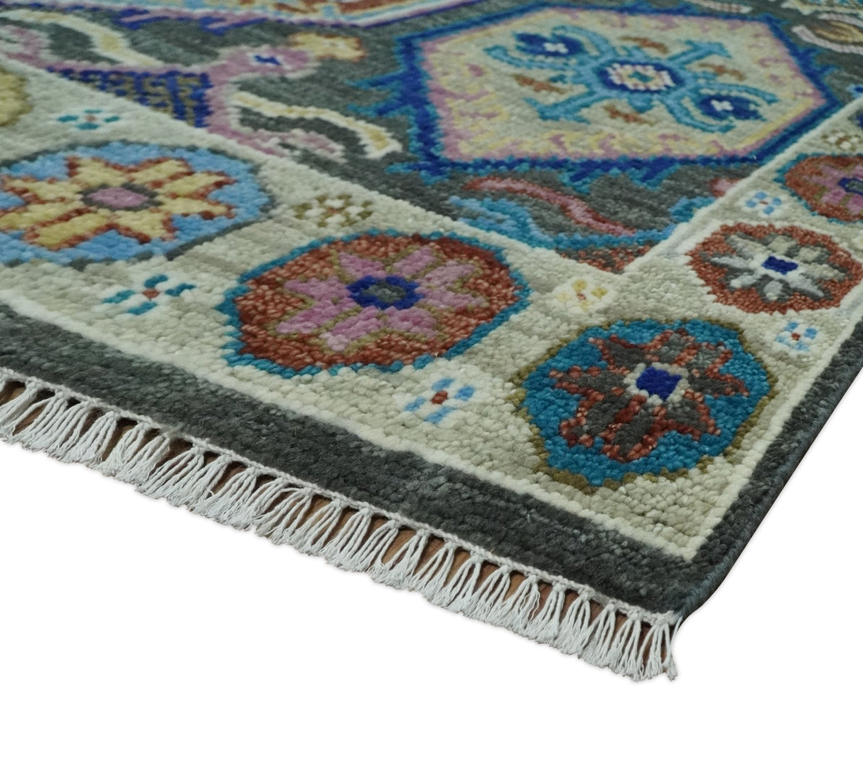 Antique look Charcoal And beige Hand knotted Custom Made wool Area Rug