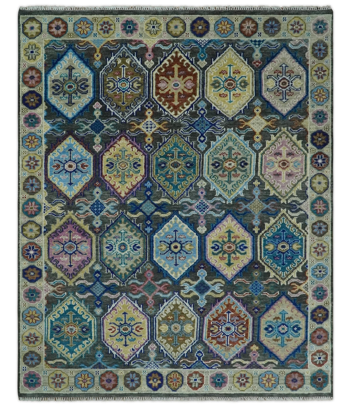 Antique look Charcoal And beige Hand knotted Custom Made wool Area Rug