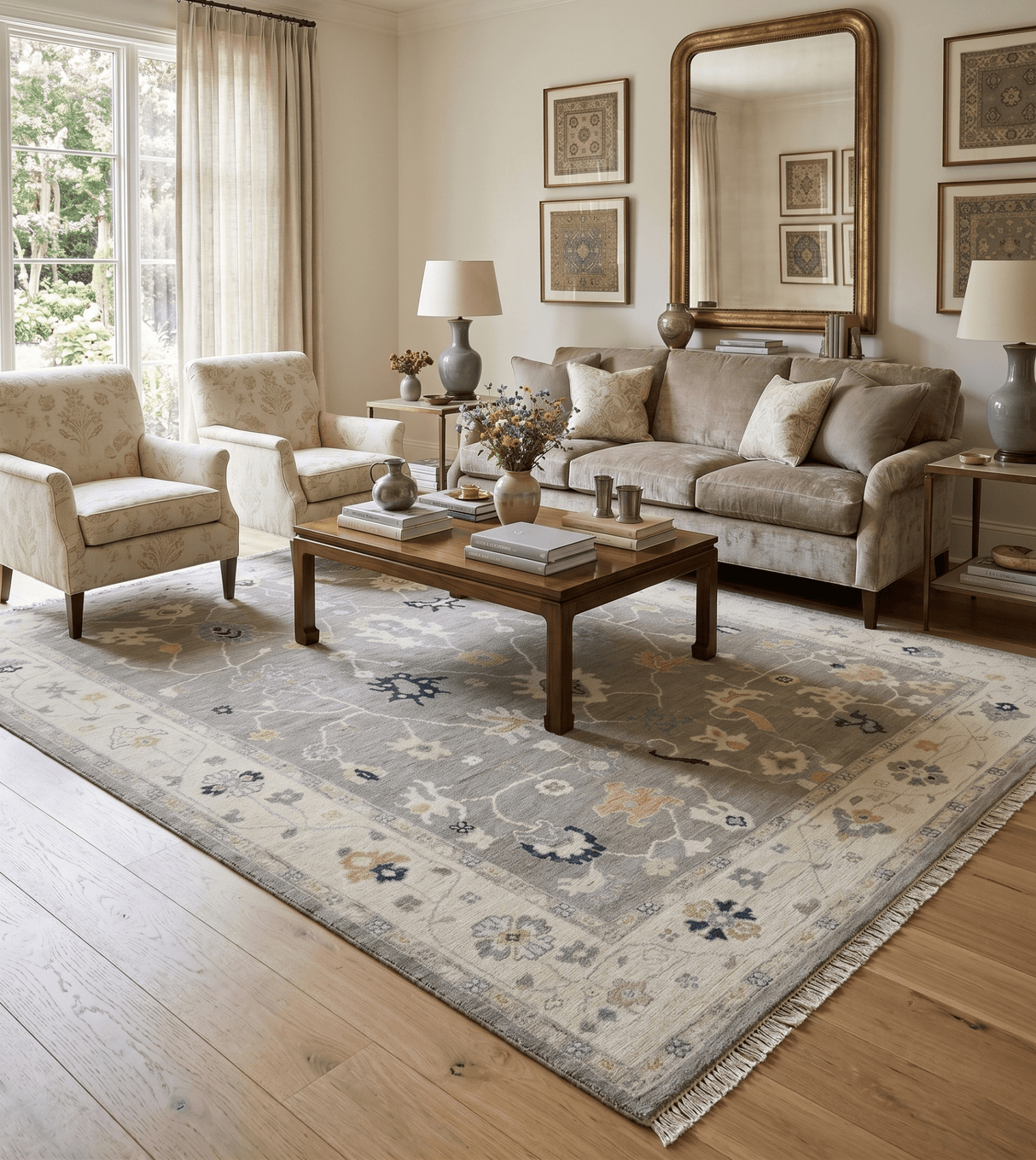 Antique look Gray and Beige Traditional Oushak Custom Made Wool Area Rug