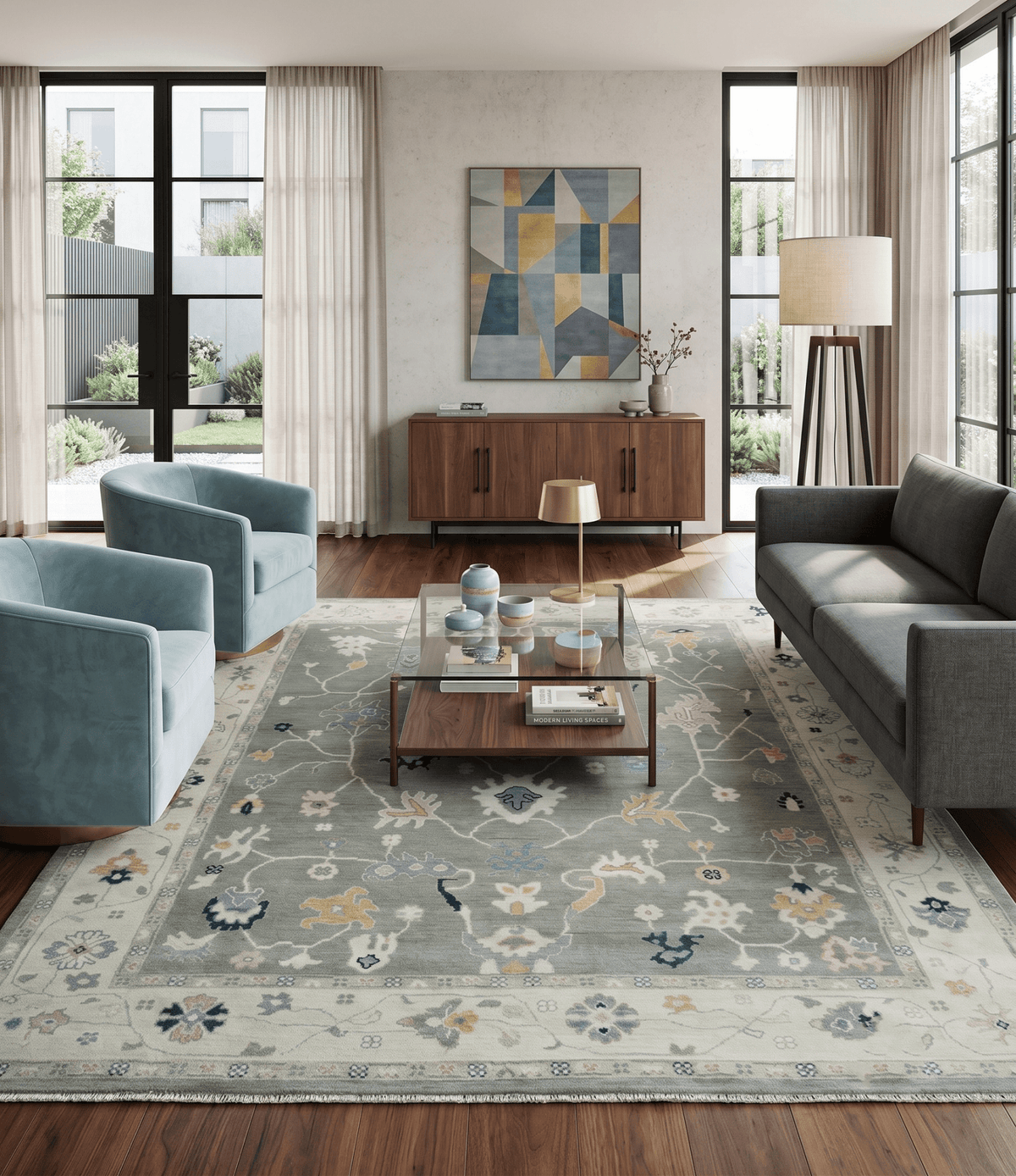 Antique look Gray and Beige Traditional Oushak Custom Made Wool Area Rug