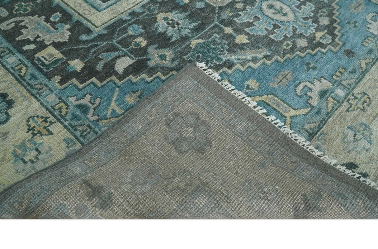 Antique look Hand Knotted Beige and Blue Traditional Heriz Wool Area Rug