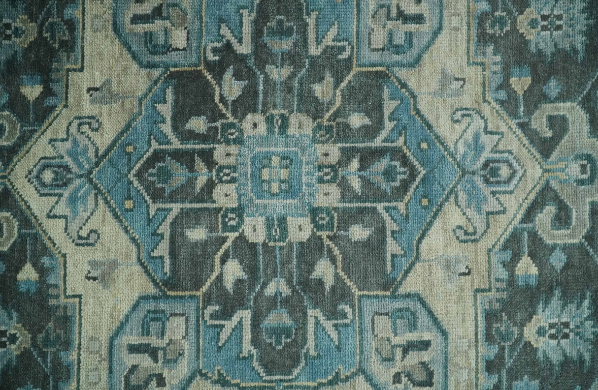 Antique look Hand Knotted Beige and Blue Traditional Heriz Wool Area Rug