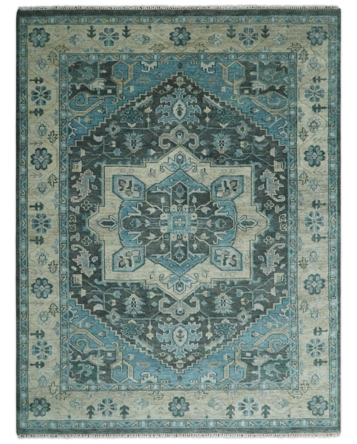 Antique look Hand Knotted Beige and Blue Traditional Heriz Wool Area Rug