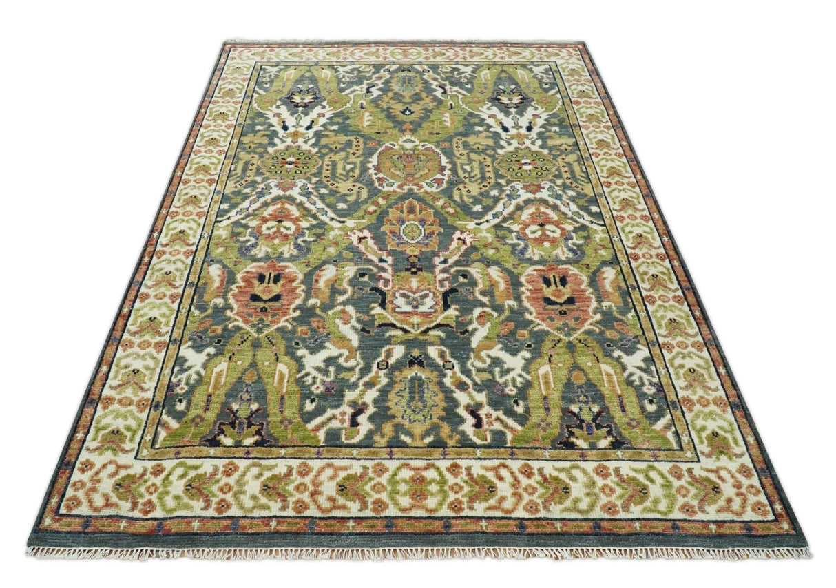 Antique look Hand knotted Green and Gray Traditional Large design wool Area Rug
