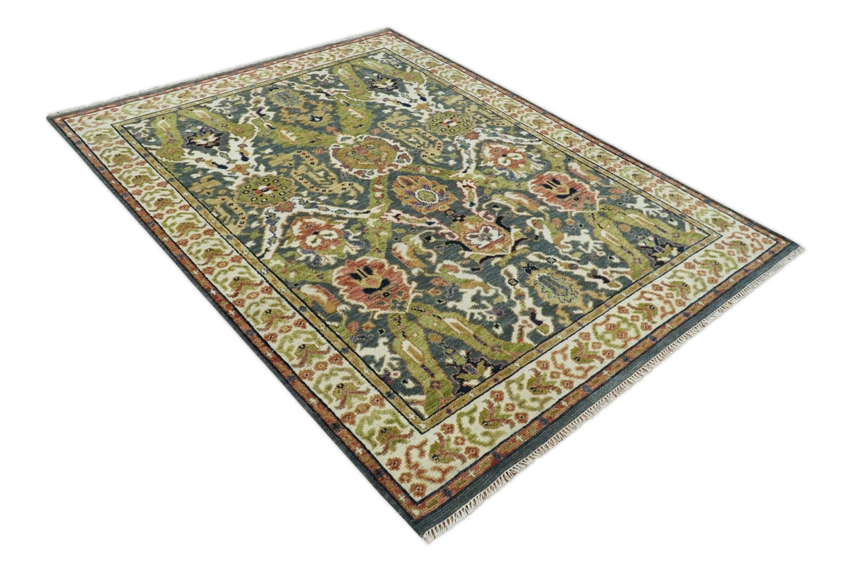 Antique look Hand knotted Green and Gray Traditional Large design wool Area Rug