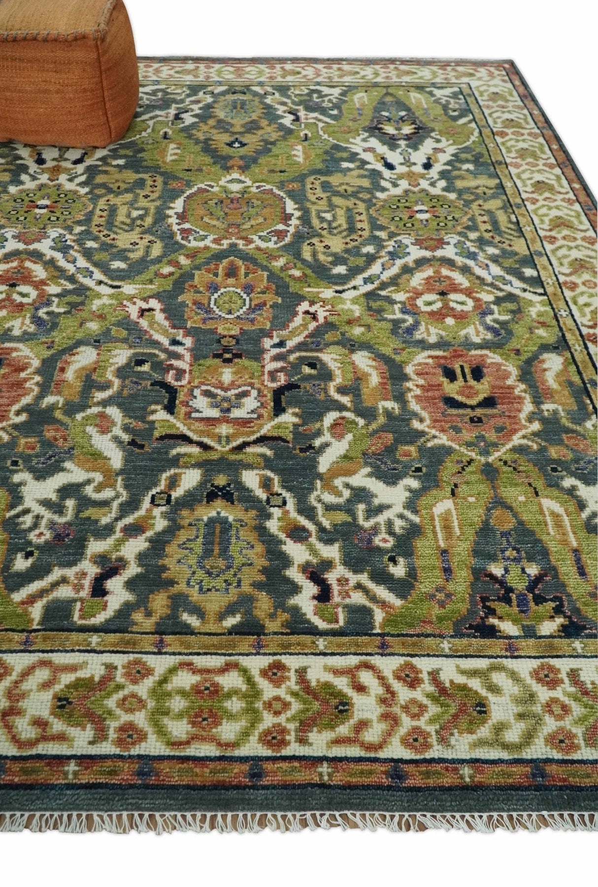 Antique look Hand knotted Green and Gray Traditional Large design wool Area Rug