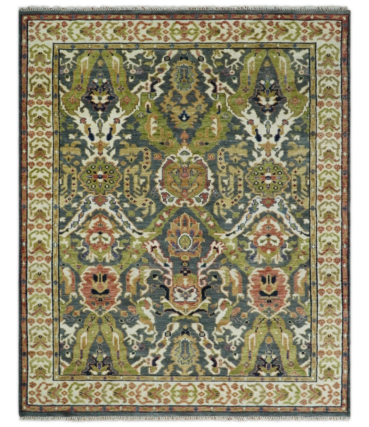 Antique look Hand knotted Green and Gray Traditional Large design wool Area Rug