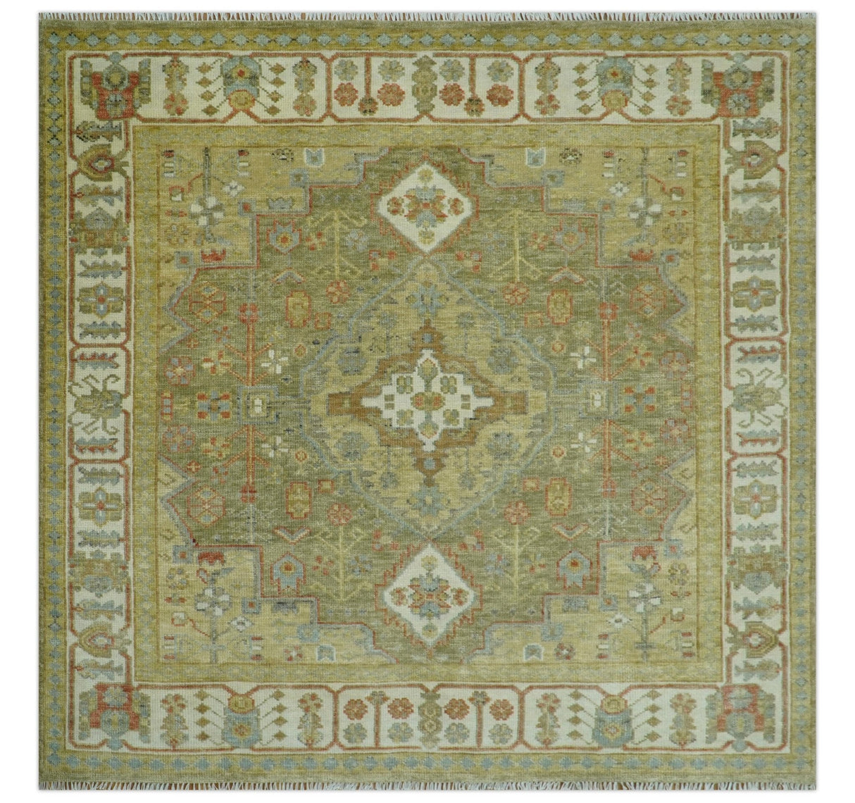 Antique Look Hand Knotted Medallion Olive and Ivory Vintage Style Wool Rug