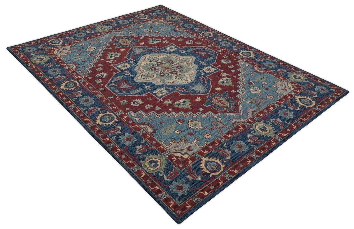 Antique look Maroon and Blue Hand Tufted Traditional Medallion wool Area Rug