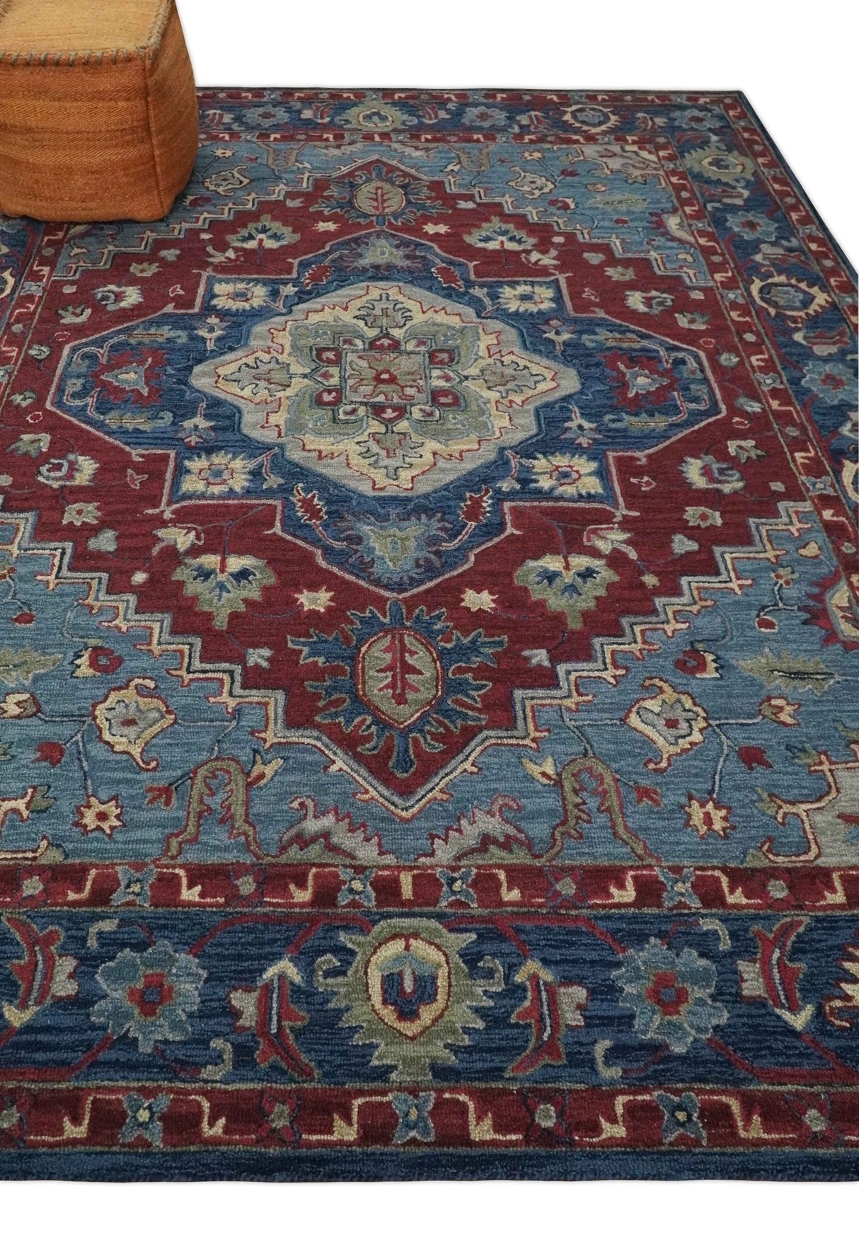 Antique look Maroon and Blue Hand Tufted Traditional Medallion wool Area Rug