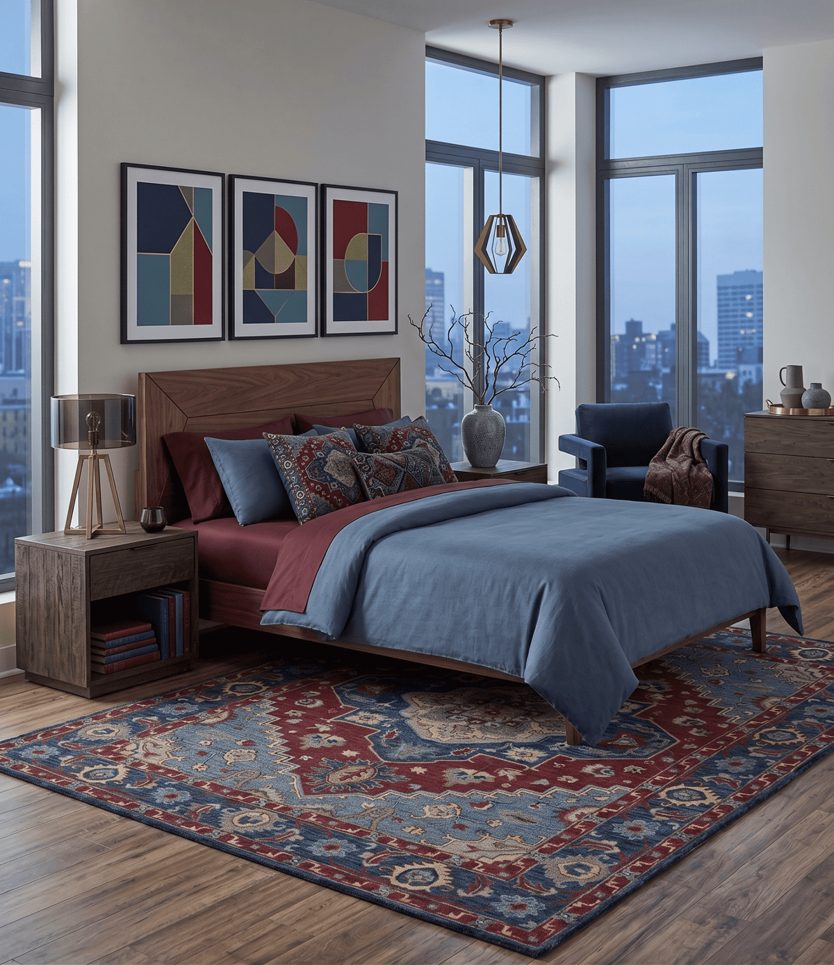 Antique look Maroon and Blue Hand Tufted Traditional Medallion wool Area Rug