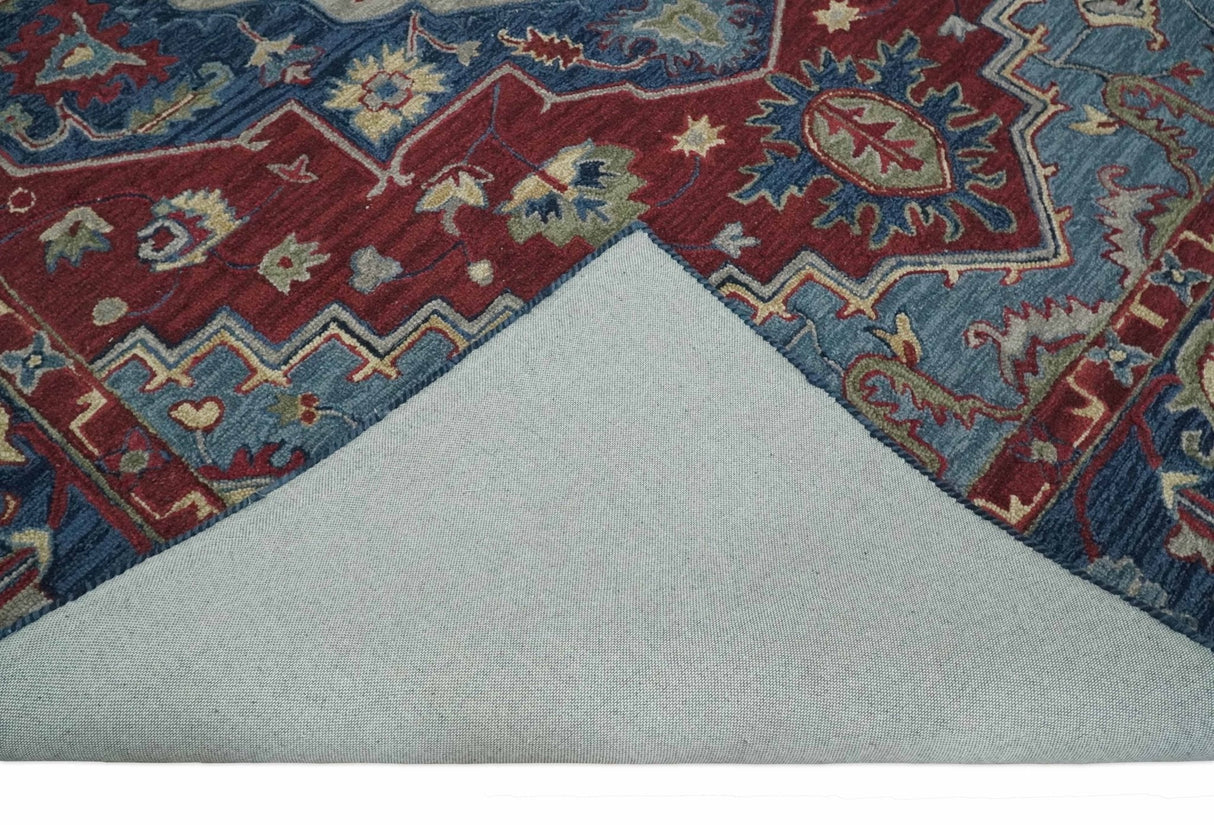 Antique look Maroon and Blue Hand Tufted Traditional Medallion wool Area Rug