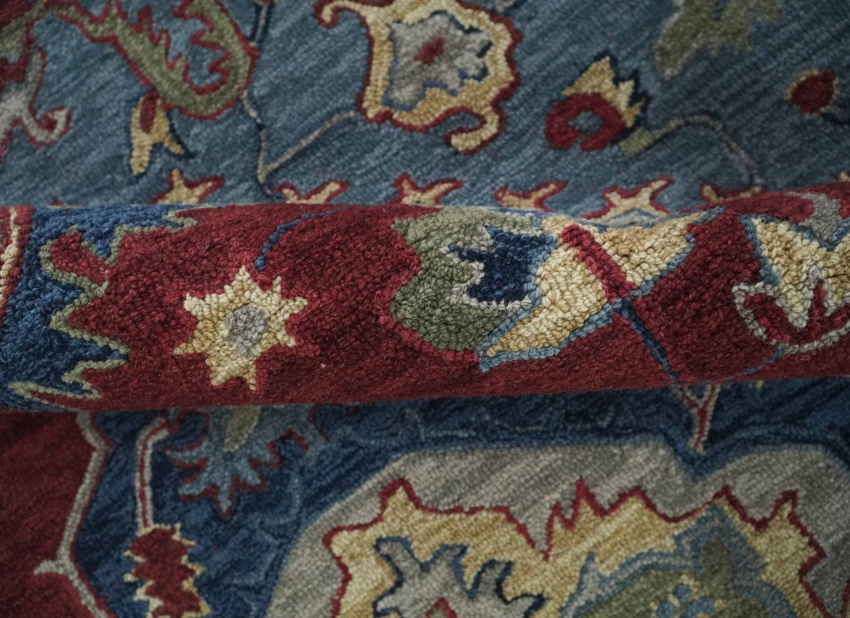 Antique look Maroon and Blue Hand Tufted Traditional Medallion wool Area Rug