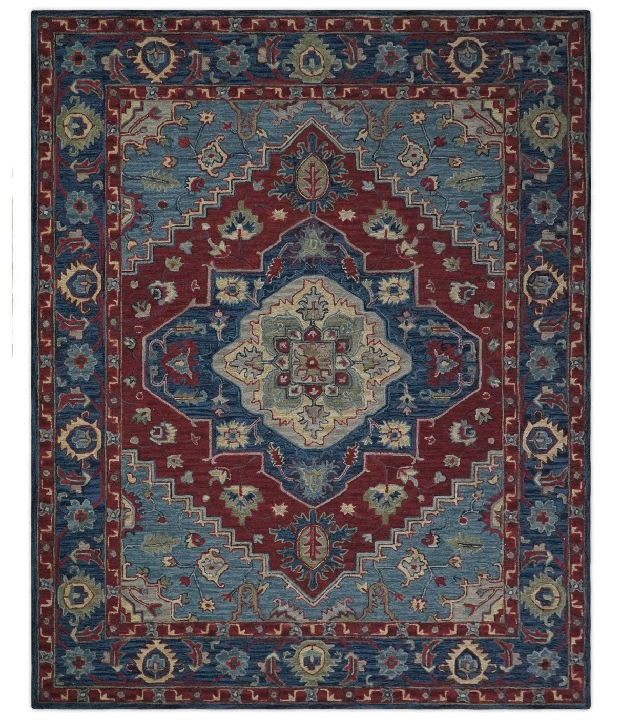 Antique look Maroon and Blue Hand Tufted Traditional Medallion wool Area Rug