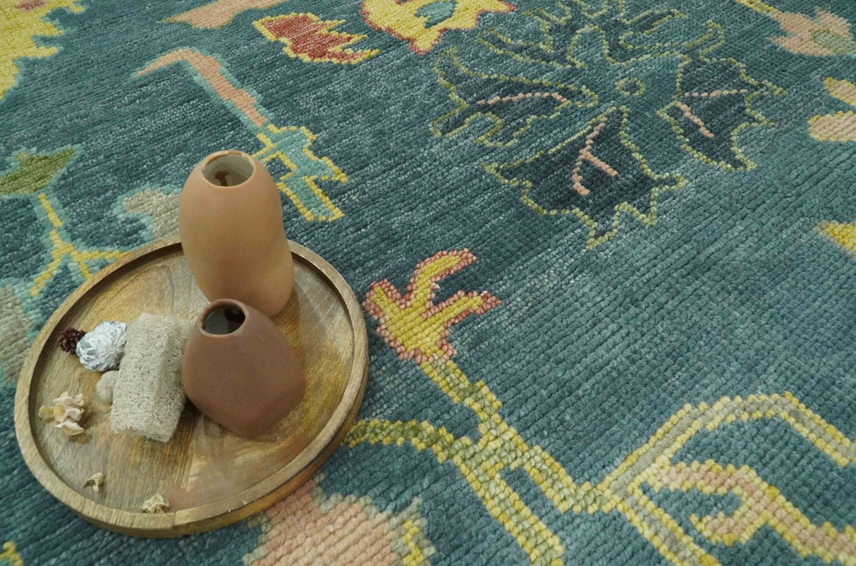 Antique look Teal and Olive Hand Knotted Traditional Oushak Custom Made wool rug